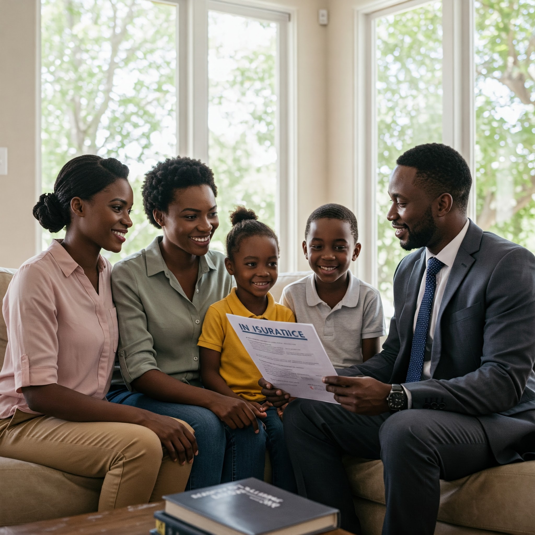 Happy family discussing insurance with agent